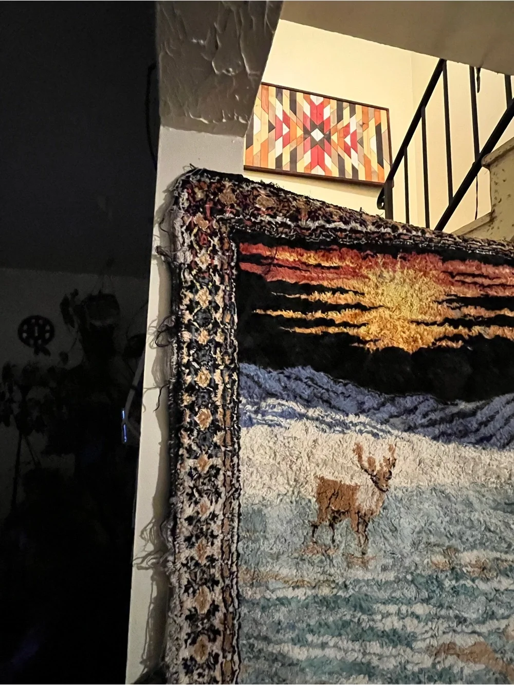 Vintage Velvet Tapestry Wall Hanging Carpet reindeer Deer Wildlife sunset